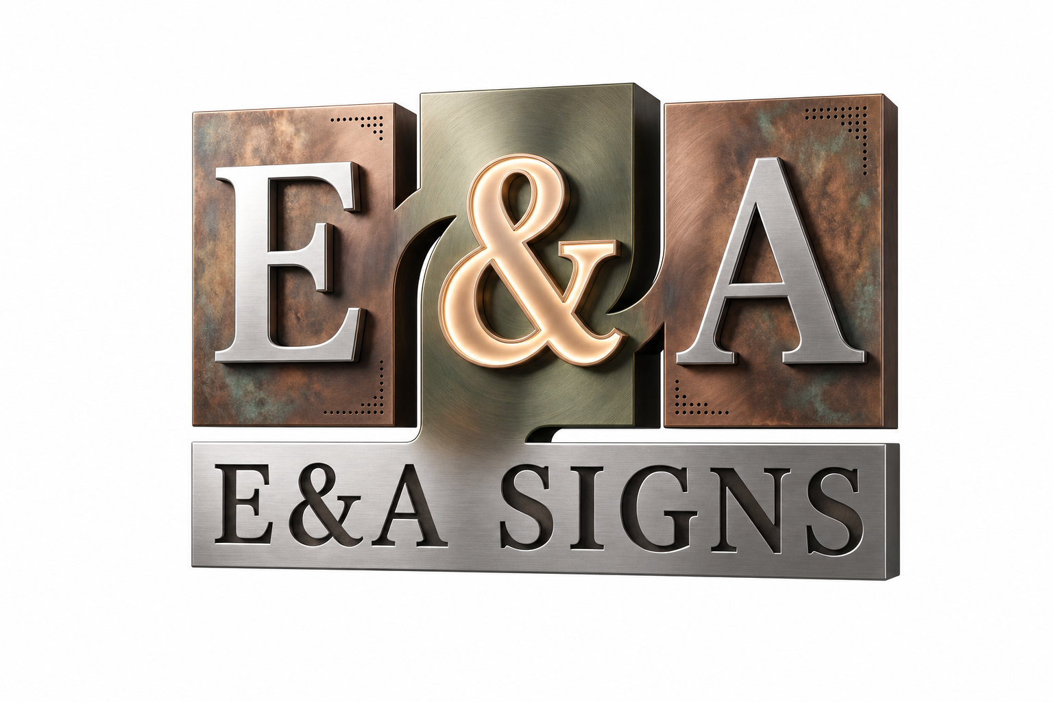 E&A Signs logo: a dimensional copper and brushed steel sign